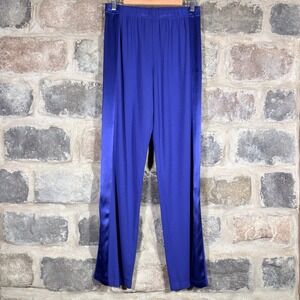 ST JOHN Women's Blue Side Panel Satin Trim Pants Pull‎ On Size Small Lightweight